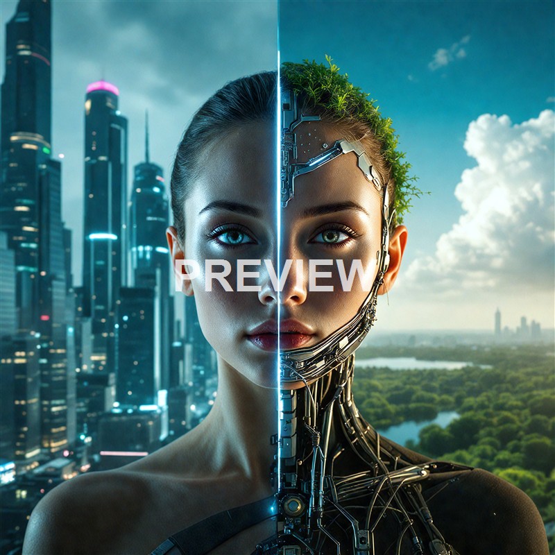 The image shows a futuristic, half-human, half-robot woman with a cityscape on one side and a natural landscape with clouds on the other side, highlighting the contrast between technology and nature.